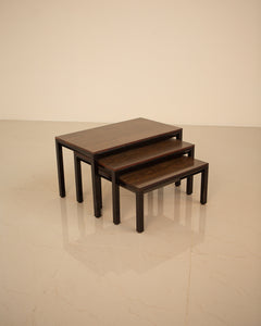Tables gigognes effet bois et métal noir 80's