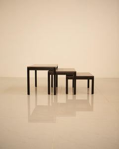 Tables gigognes effet bois et métal noir 80's