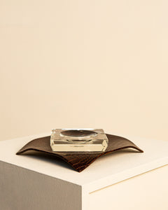 Italian 80's crystal and brown crocodile leather ashtray
