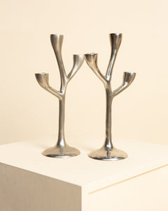 Pair of Italian "Tree" candlesticks in cast aluminum 80's